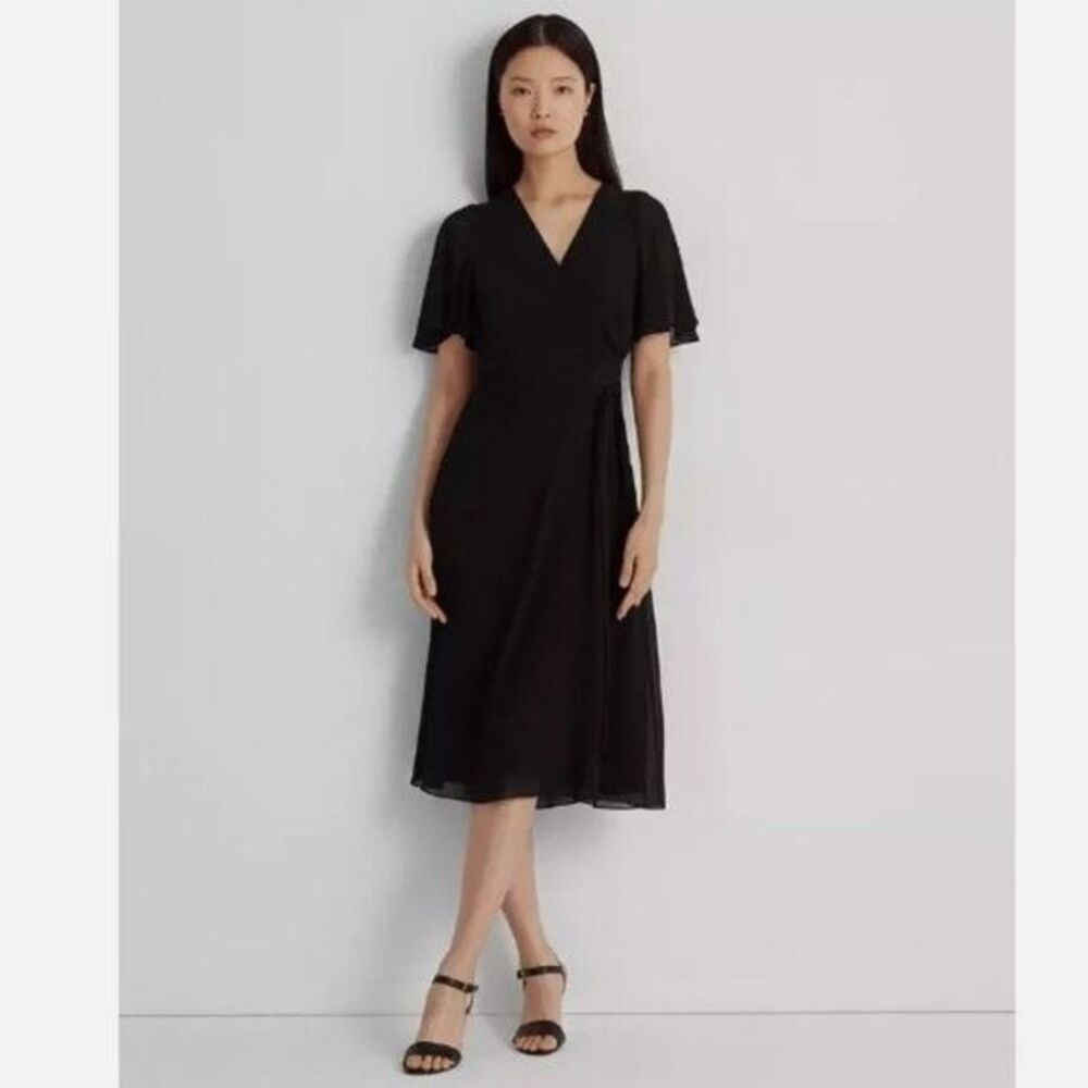 Lauren Ralph Lauren Women's Belted Fit & Flare Georgette Dress Rich Black 2 - Picture 1 of 12
